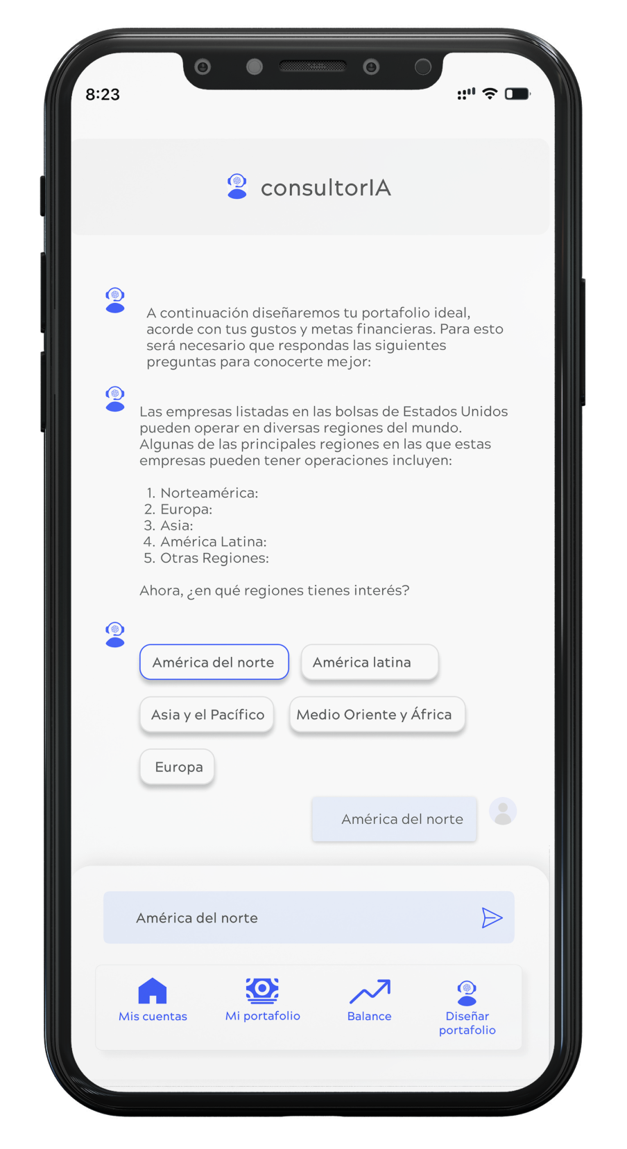 Imagen de un celular inteligente con la interfaz de la App de Insights. Se ve el efectivo disponible y algunas acciones